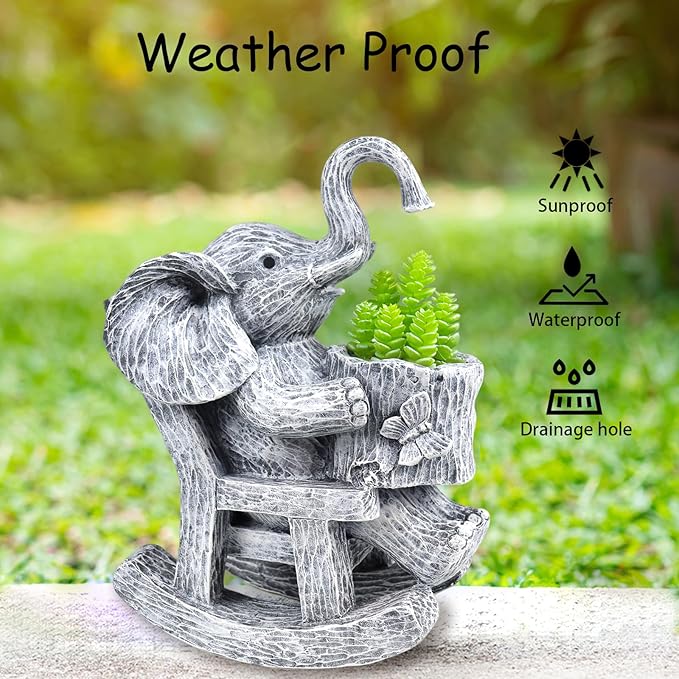 Succulent Pots Indoor Elephant Gifts for Women for Plant Lovers Cute Outdoor Plant Pots Outdoor Garden Animal Decor Elephant Sit Chair Statue with Drainage Hole