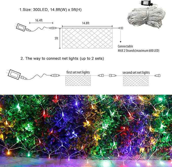 300 LED Net Lights for Bushes, 14.8ft x 5ft 8 Modes Christmas Outdoor Mesh Lights Connectable, Waterproof Decorative String Lights Plug in for Xmas Tree Garden Wedding Party (Clear Wire, Mulitcolor)