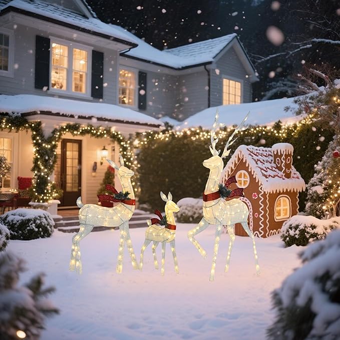Outdoor Lighted Deer Family Decor 3-Piece Set, 5ft Large Reindeer Christmas Holiday Lights with 210 Warm White LEDs, 3D Design, Cotton Twine & Iron, Perfect for Lawn, Yard, Garden, Party