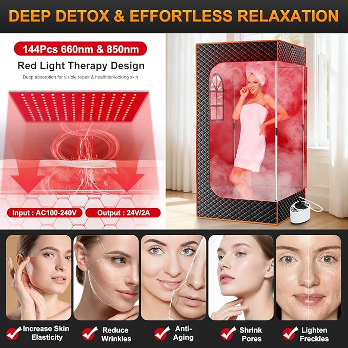 NAIZEA Infrared Sauna Box, Portable Steam Sauna with Red Light Therapy Lamp, Full Body Saunas Tent for Home with 3L 1200W Steamer, Remote Control, Folding Chair, 2.9'x2.9'x5.9'