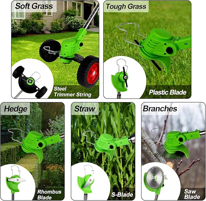 Electric Weed Wacker Cordless Eater 2 Battery,Foldable and Lightweight Grass Trimmer/Brush Cutter,5 Types Blade&Wheels 21V 4.0Ah Battery (2 Pieces) Powered for Garden and Yard (Foldable)