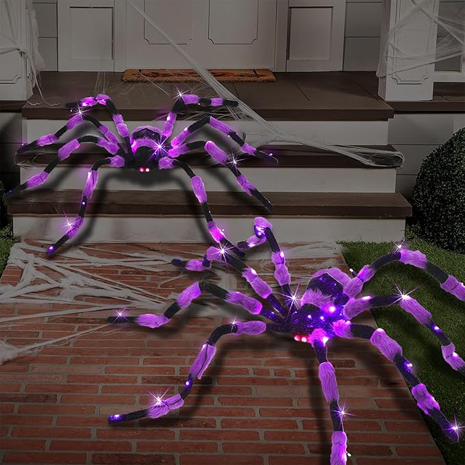 Giant Spider Halloween Decorations, 60” Big Black Lighted Halloween Spider with Red Eyes 56 LED Purple Lights Timer for Spiderweb Indoor Outdoor Yard Party Haunted House Decoration