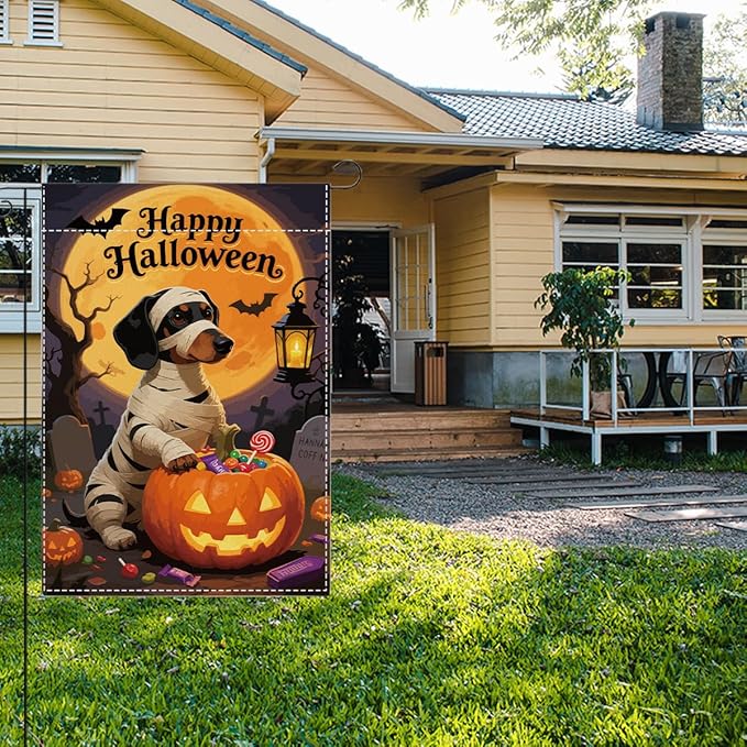 Halloween Garden Flag Scary Dog Bat Fall Halloween Themed Holiday Party Outside Outdoor Lawn Decorations Yard Flag Double Sided 12x18 Inch