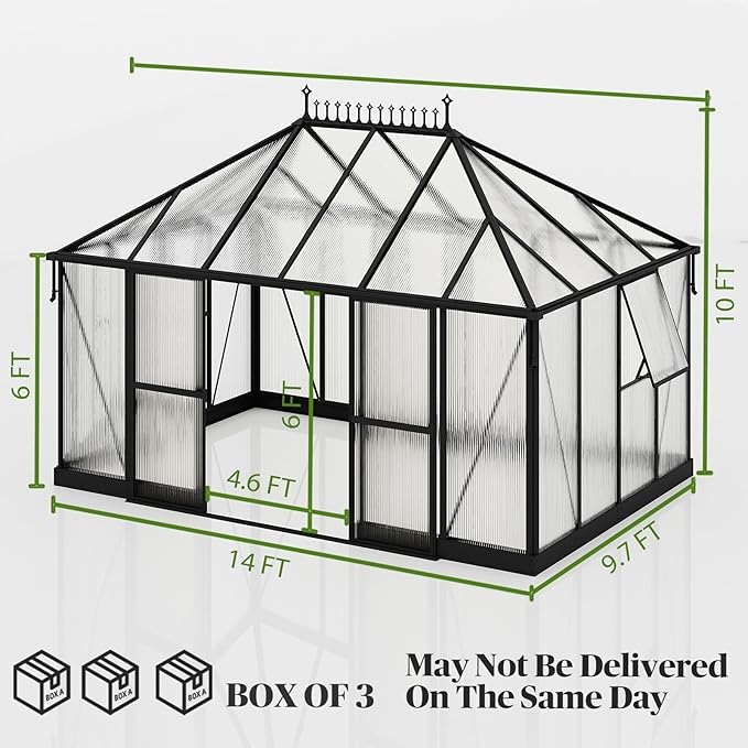 14x9.7x10 FT Polycarbonate Greenhouses for Outdoors, Large Winter Greenhouse Sunroom with 2 Adjustable Windows &Sliding Door, Walk-in Design with Aluminum Frame for Patio, Garden