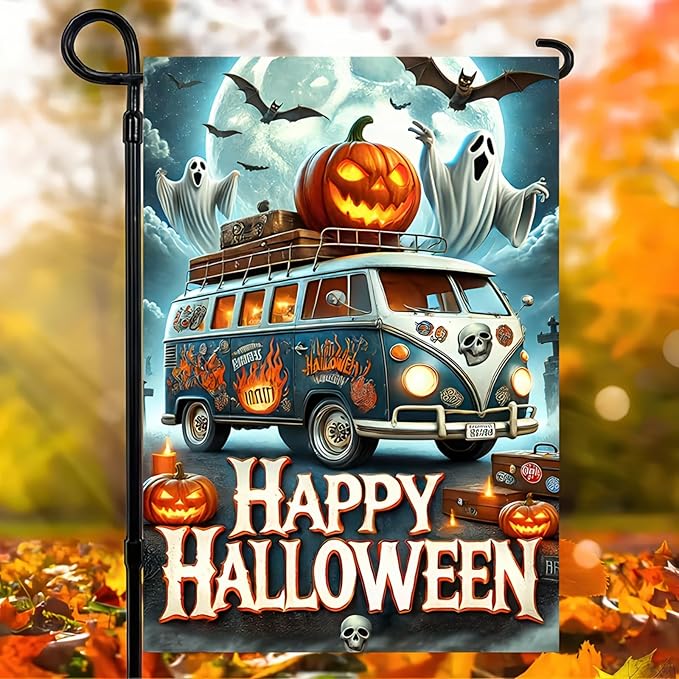 Happy Halloween Garden Flag 12x18 Inch Double Sided Spooky Truck Garden Flag Pumpkins Jack-o'-lantern Ghost Welcome Flag Yard Outdoor Decorative Outside Banner