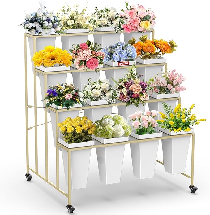 Flower Display Stand 4 Layers with 16 PCS Square Buckets, Plant Stand with Wheels, Movable Metal Plant Stand for Terrace Garden, Living Room, Florist Shop