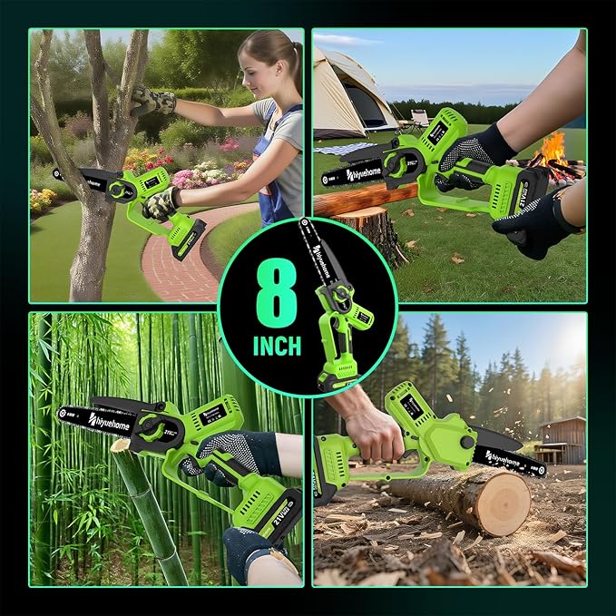 Mini Chainsaw 8inch, Chainsaw Cordless w Automatic Oiler, Handheld Electric Power Chain Saw w Security Lock, Brushless Motor,Chainsaws for Wood/Trees Trimming (Green - 2 batteries, 8 INCH)