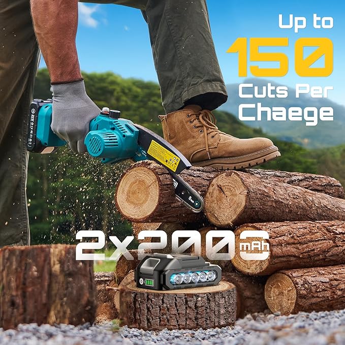 SEESII Mini Chainsaw 8 inch,Cordless Chainsaw w/ 2pcs 2000mAh Batteries,Oiler System & Replacement Chain,Handheld Chain Saw w/Safety Lock,Battery Powered Chain saw for Wood Tree Cutting,CH820+