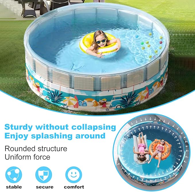 Foldable Swimming Pool for Kids 63"x18" Hard Plastic Portable Dog Pool Anti-Slip Collapsible Pets Bathtub Kiddie Pool Indoor Outdoor Backyard (Beach Party 63'')