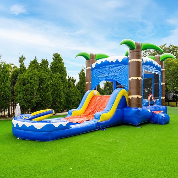 HERO KIDDO Ocean Shark Commercial Grade Lightweight Premium Bounce House Water Slide with Detachable Pool for Kids and Adults (with Blower), Basketball Hoop, Outdoor Indoor, Wet Dry Combo