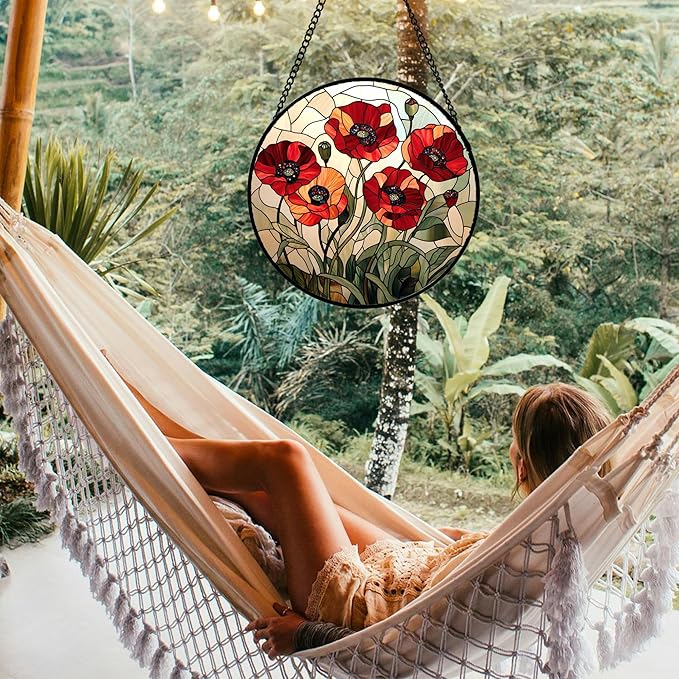 Stained Glass Window Hanging - Red Wildflowers Suncatcher for Door Garden Yard Flowers Sun Catchers Decor Christmas Mother's Day Birthday Gifts for Women Mom Nana Friend Men 6.3 in