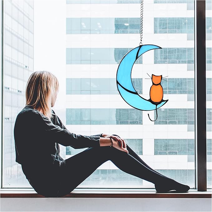 Cat Decor Stained Glass Moon Decor Window Hanging Ornament Garden Suncatcher Gifts for Cat Lover for Women Memorial Gifts Cat Gift (Orange Cat on Blue Moon)
