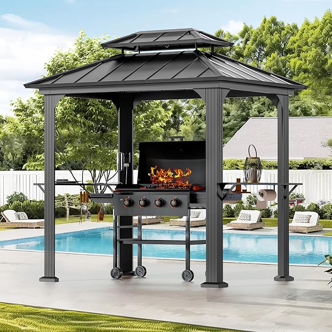 Modern Shade Grill Gazebo 6' X 8', Aluminum BBQ Gazebos with Shelves and Ceiling Hook, Grill Canopy Hardtop with Galvanized Steel Roof, Extra-Wide Column Design, Outdoor Grill Gazebo for Patio, Black