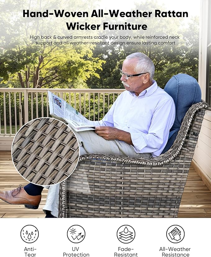 HUMMUH Wicker Patio Furniture Set 6inch Thick Cushion Deep Seat Outdoor Swivel Rocker Patio Chairs Set of 2 with Ottomans Conversation Set for Porch Garden Deck