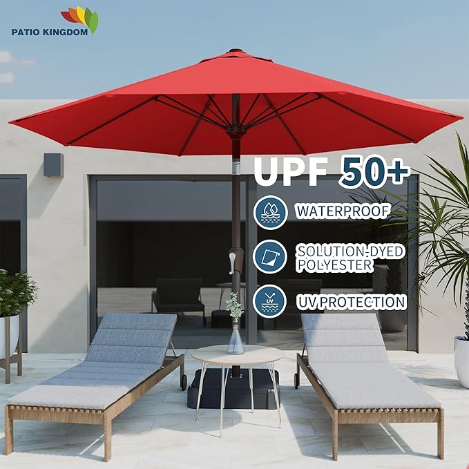 PatioKingdom Auto-Tilt 9FT Patio Umbrella Outdoor with 8 Sturdy Fiberglass Ribs,Market Table Umbrella for Pool,Backyard,Deck and Garden