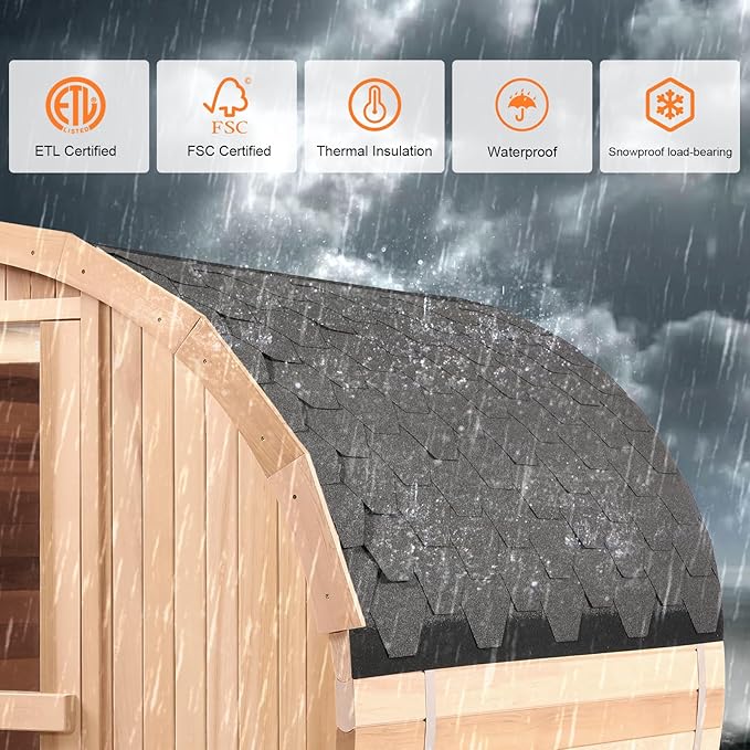 Outdoor Barrel Steam Sauna, 4-6 Person Wood Sauna Room with 220V，6kw Toule Sauna Heater with Sauna Stone, Canadian Helmock Wooden Sauna, Sauna Accessories and Asphalt Shingle Roof (Helmock)