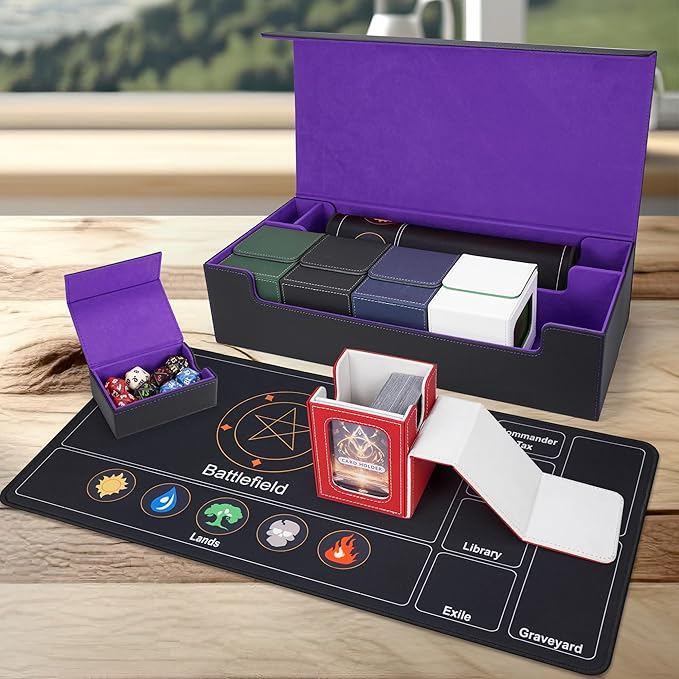 AFIING Mtg Deck Box Holds 5 Display Card Deck Boxes with Mtg Playmat & Dice Box,10 Dividers,1Card supporter, Trading Card Storage Box for Magic Yugioh Sports Cards (Black &Purple)