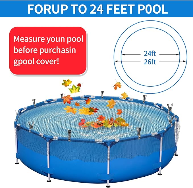 24 Feet Round Leaf Net Cover for Above Ground Pool,Mesh Pool Net Cover with 18 Pcs Pool Cover Clips Fits 24FT Above Ground Pools, Keeps Leaves Out of Your Pool (Black, 24FT)