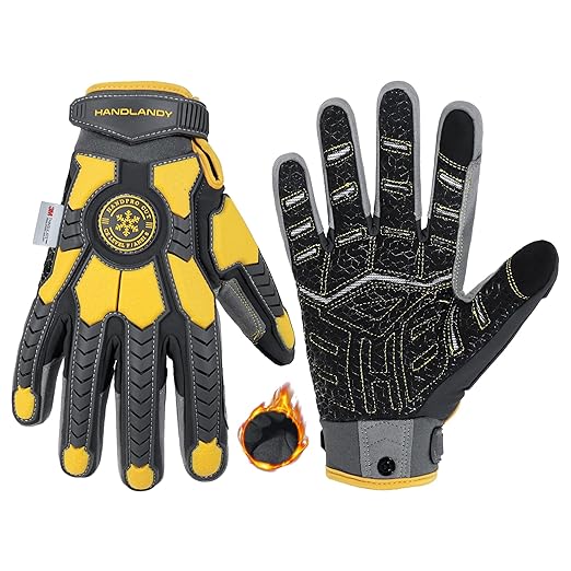HANDLANDY Winter Cut Resistant Men Impact Resistant Work Gloves, Padded Palm Grip Heavy Duty Working Glove (Large, Yellow)