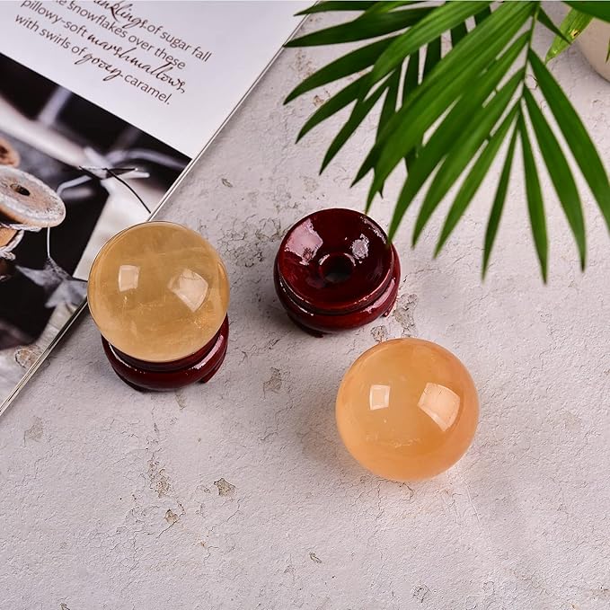 JIC Gem 2inch Natural Orange Calcite Healing Quartz Crystal Sphere Gemstone Ball with Wood Stand for Fengshui Healing and Decoration