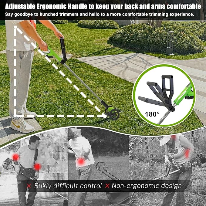 Cordless Weed Wacker Eater Battery Powered, 21V Lightweight Electric Weed Trimmer with 2 Battery Operated & Charger& Wheels & Shears, No-String Grass Trimmer/Brush Cutter/Lawn Edger for Yard Garden