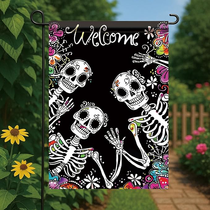 Halloween Skeleton Garden Flag 12x18 Inch Double Sided for Outside Skeletons with Flowers Yard Flag for Outdoor Holiday Home Decor