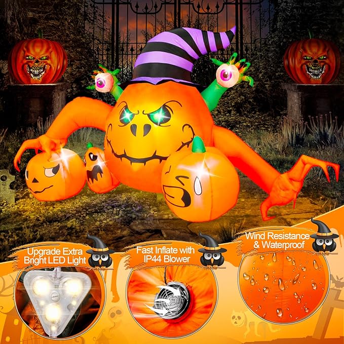 8FT Pumpkin Halloween Inflatables Outdoor Decoration with 7 LED Lights Built-in, Pumpkin Combo with Wizard Hat and Scary Hands, Blow Up Halloween Decor for Outside Yard Patio Lawn