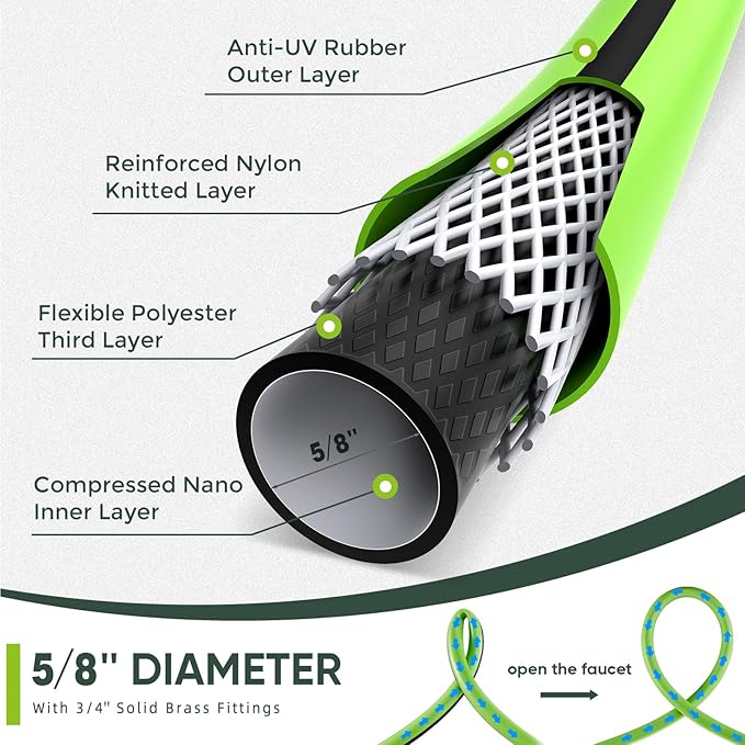 Hybrid Hose 100ft x 5/8", Short Garden Water Hose Heavy Duty, Flexible, Lightweight Hybrid Water Hose with Swivel Handle,3/4'' Brass Fittings, Available For Reel Cart Backyard Burst 500 PSI