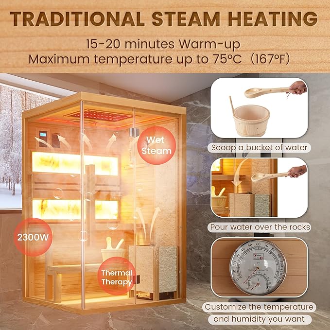 Traditional Steam Saunas for 2-4 Person,Luxurious Indoor Sauna with 2300W Stove Heater,Wood Saunas Room with 2 Himalayan Salt Bricks,7-Color Dynamic Abysm Sky Lights,Bluetooth Speaker