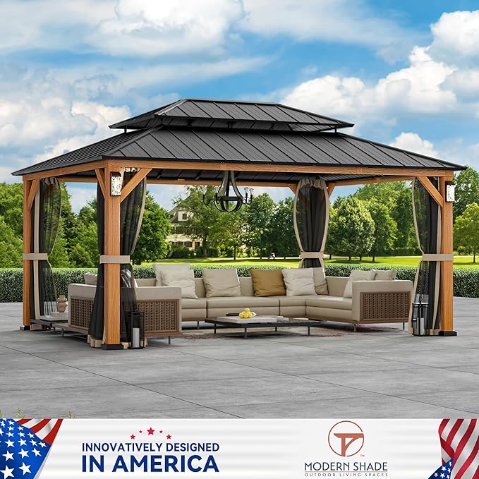 Modern Shade The Horizon Hardtop Gazebo 12' x 16' with 4 LED Lights, Permanent Outdoor Gazebo with Galvanized Steel Double Roof, Grill Pavilion with Decor Hooks, Mosquito Nettings, Wood-Looking