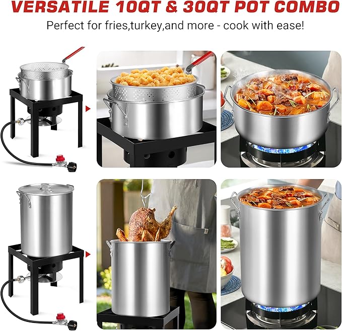 Turkey Fryer with Boiler Steamer Set Basket & 55000BTU Propane Burner, Outdoor Deep Fryer & Seafood Crawfish Boil Pot with Thermometer, Marinade Injector, Turkey Rack & Rack Lifter-OT-3016