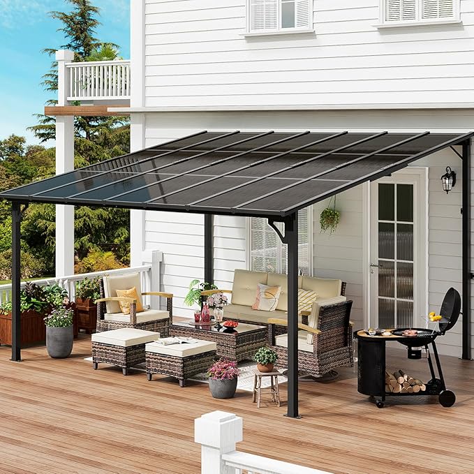 MEISSALIVVE 12' x 14' Wall Mounted Lean to Metal Awning Sloped Roof Patio Backyard Deck, Black