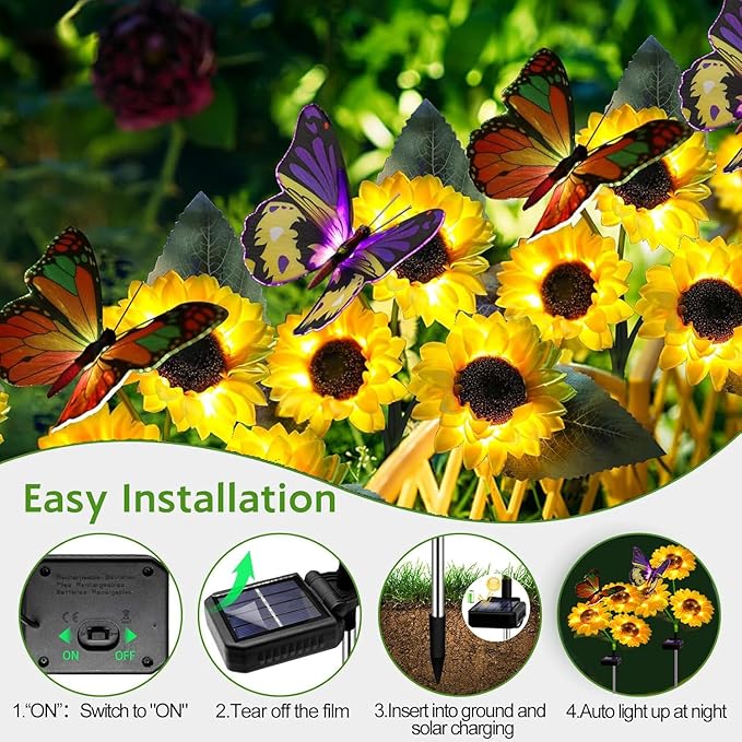 ANGMLN Solar Sunflower Outdoor Garden Lights, 2 Pack Solar Flower with Butterfly Waterproof Garden Decor, Gifts for Mom Grandma, Waterproof Decorative Lights for Pathways Patios and Yards Decorations