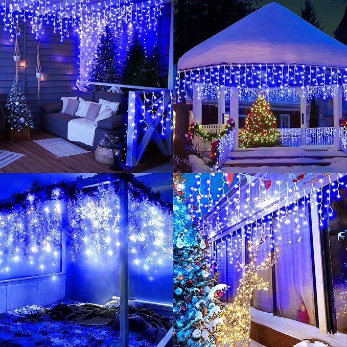 Christmas Lights Outdoor Decorations 1216 LED 99ft 8 Modes Curtain Fairy String Light with 228 Drops, Clear Wire LED String Light Indoor Decor for Wedding Party Holiday Christmas Decoration Blue