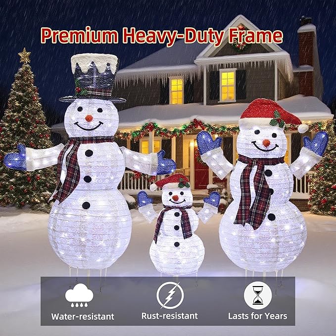 3-Piece 3D Lighted Snowman Family Set Outdoor Christmas Decorations Weather-Resistant Christmas Collapsible Snowmen Yard Decor for Yard Patio with LED Lights & Stakes