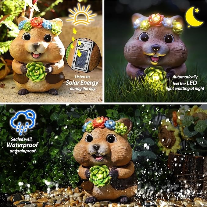 Solar Garden Decor Outdoor Statues Hamster with Succulent and LED Lights Birthday Gifts for Women Mom Grandma Outside Decorations for Lawn, Porch, Yard, Patio, Balcony