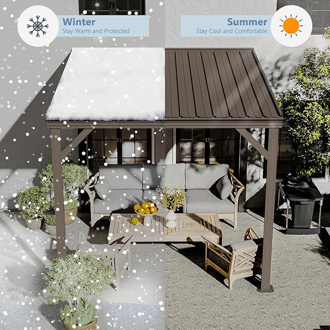 Domi 8’ x 8’ Wall-Mounted Hardtop Gazebo Pergola – Permanent Lean-to Outdoor Shelter with Sloped Galvanized Steel Roof & Upgraded Drainage – Grey Metal Patio Cover for Backyard, Deck, Garden, Brown