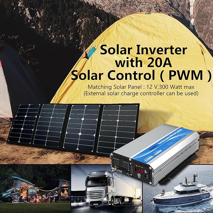 GIANDEL 2200W Pure Sine Wave Power Inverter 12V DC to 110V 120V AC with 20A Solar Charge Control Lithium Battery Compatible and Remote Control&LED Display for RVs Truck Off Grid Solar System