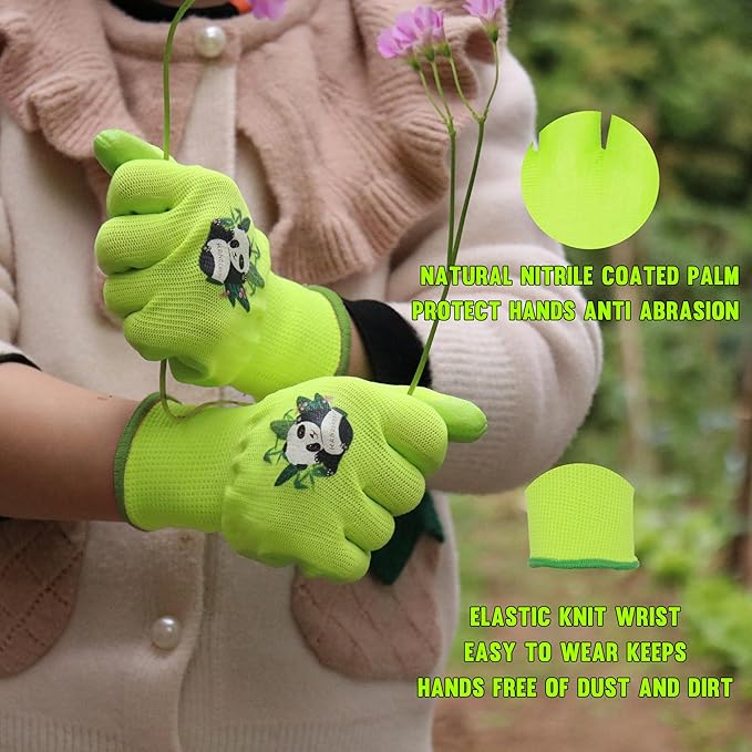 HANDLANDY 2 Pairs Kids Gardening Gloves, Toddler Children Garden Yard Work Outdoor Playing Gloves, Rubber Coating, for Girls Boys Youth (Size XL, Green)