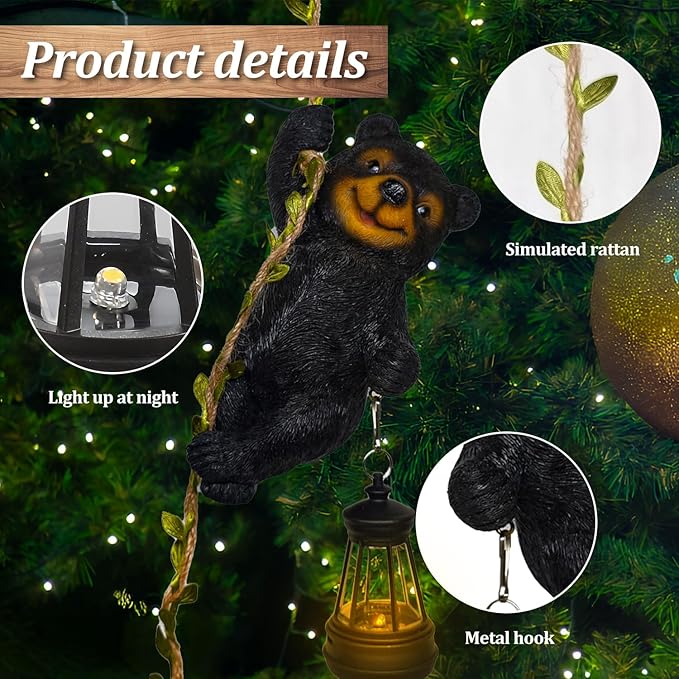 Solar Garden Decor Outdoor Statues-Resin Raccoon Climbing Vine & Squirrel Figurine with LED Light, Waterproof Hanging Animal Figurine with Hook for Patio, Yard, Home Decor Gift (Raccoon)
