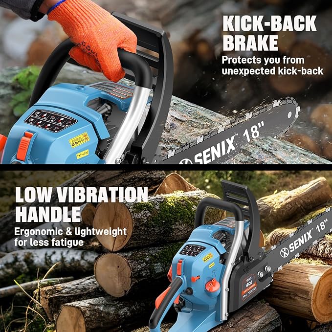 SENIX 4-Cycle 18-Inch Gas Chainsaw | 49cc Cordless Chain Saw for Wood Cutting, Tree Trimming, Farm & Home Garden Use | No Fuel Mixing, Automatic Oiler & Quick Start Engine
