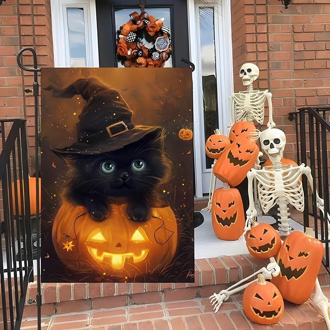 Halloween Garden Flag Black Cat Witch Hat Pumpkin Garden Flag Double Sided Vertical Welcome Flag Holiday Outdoor Yard Lawn Decorations 12x18 Inch