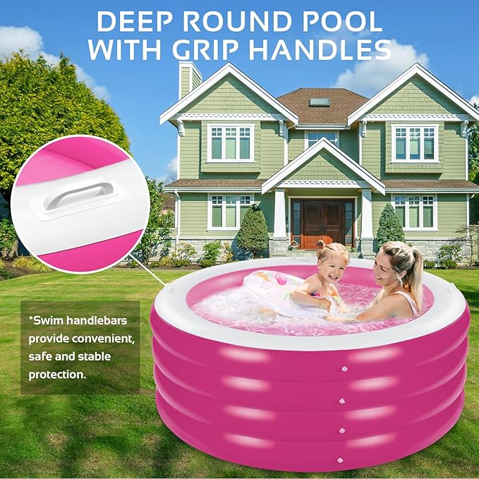 Inflatable Pool, Large Deep Round 70"x30" Family Inflatable Swimming Pool with Handles, Summer Water Party, Kids, Outdoor, Garden Backyard, Suitable for Adults & 3+ Year Olds (Pink)