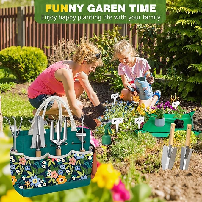 22Pcs Gardening Tools Set for Women Heavy Duty Garden Hand Tools Yard Work Tools Gardener Gifts Gardening Accessories with Tools Bag/Shovel/Mat/Plant Labels/Gloves