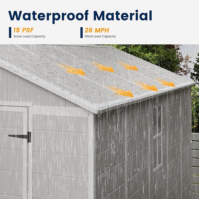 DPATIO Resin Storage Shed 8 x 10 FT, Outdoor Garden Sheds with Floor Plastic Patio Outdoor Storage with Lockable Door for Bike, Garbage Sandstone