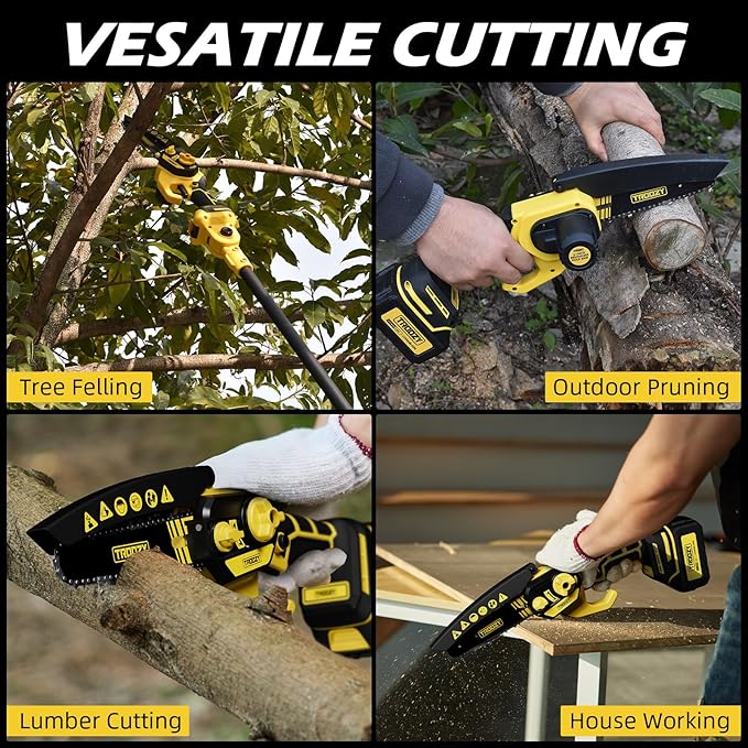 2-in-1 Cordless Pole Saw & Mini Chainsaw – 6-Inch Powerful Brushless Motor, Electric Tree Trimmer & Wood Cutter for Outdoor Pruning and Wood Cutting, Battery Included