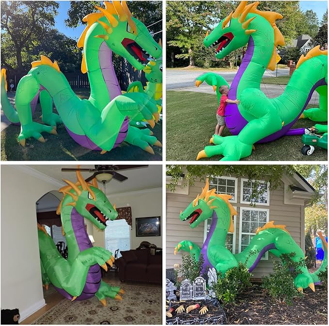 Giant 14FT Length 9FT Tall Green Dragon Halloween Inflatables, Halloween Dragon Blow Up Inflatable Outdoor Decoration Built-in 9 LEDs and Independent High-Power Blower for Yard Lawn Decor