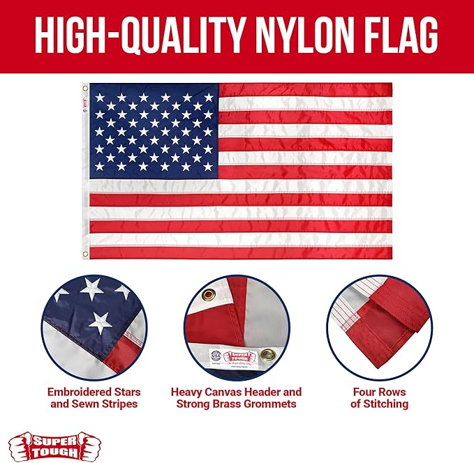 Super Tough 5Ft x 8Ft American Flag - Double Sided, Heavy Duty Nylon USA Flag with Embroidered Stars and Sewn Stripes Suitable for Outdoors - Red/White/Blue