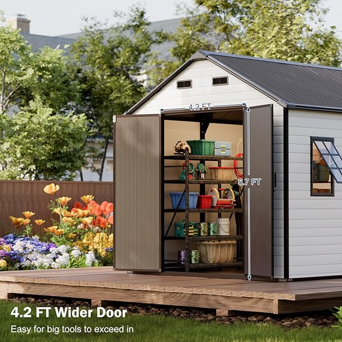 8x8 FT Resin Storage Sheds with Floor and Openable Windows, Large Waterproof Outdoor Plastic Garden Sheds with Base for Backyard Patio Lawn Big Tools Storage, Gray