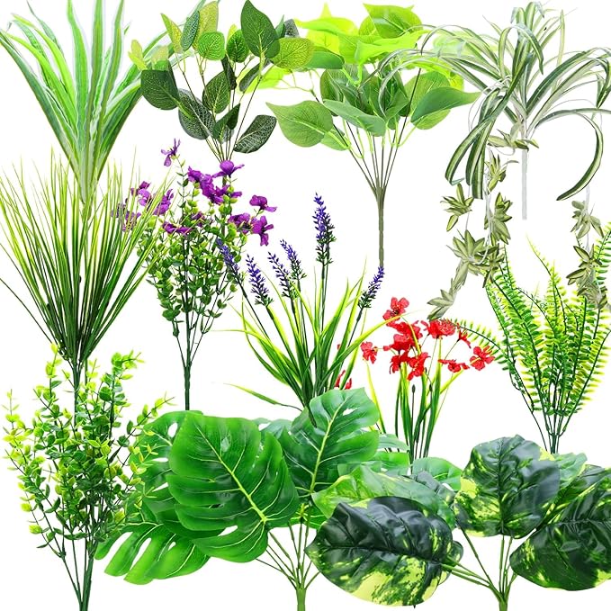 14 Bundles Artificial Plants Outdoor UV Resistant, Fake Greenery Plant Flower, Faux Boxwood Boston Fern Shrubs Bushes with Plastic Stems & Flowers for Garden, Porch, Planter, Patio, Xmas Decor